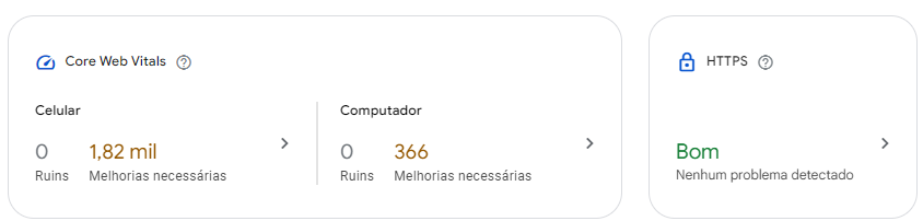Exemplo de recomendações do google search console, com melhorias necessárias do Core Web Vitals.